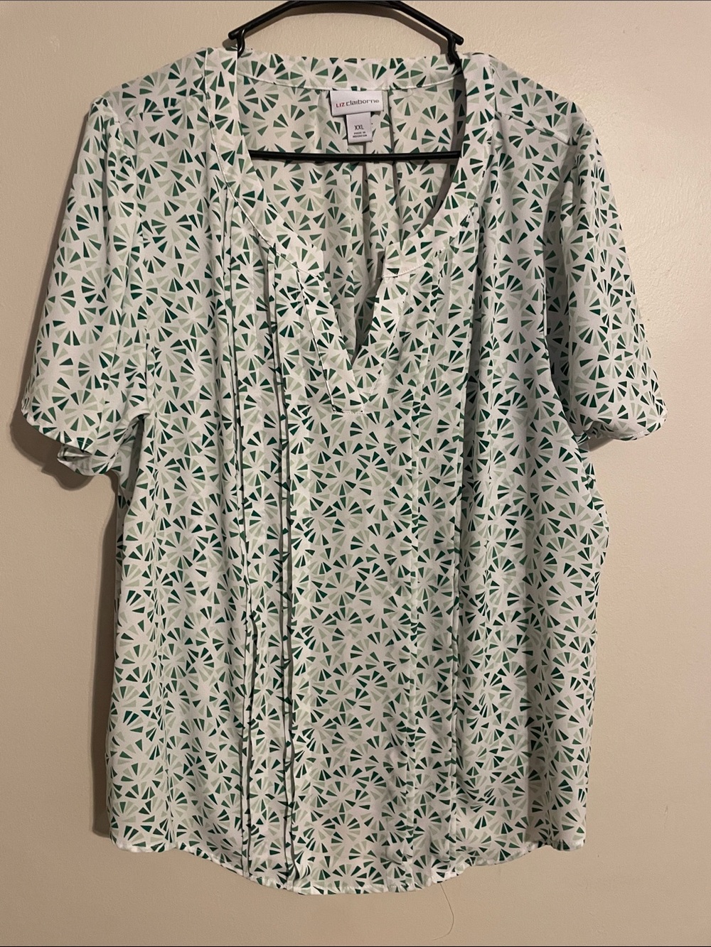 Liz Claiborne White Blouse with Green Geometric Motif